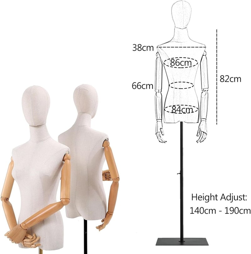 Jueraori Női Szabóbábu Fa Karokkal - Állítható Magasságú (140-190cm) Próbababa Ruhakiállításhoz, Fekete Szabászati Torzó M-es Méretben