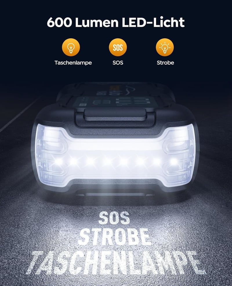 YaberAuto 6000A Autós Indításrásegítő Powerbank, 26800mAh, 65W USB-C PD, 600 Lumen LED Lámpa, Benzin és 12L Dízel Motorokhoz