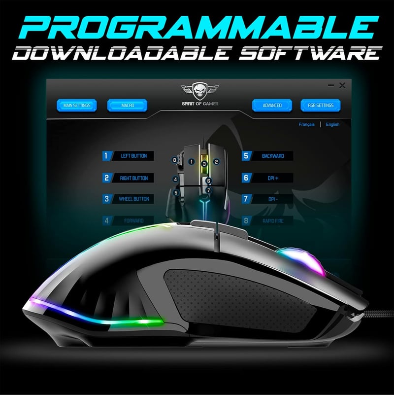 SPIRIT OF GAMER PRO M5 RGB Gamer Egér 12800 DPI, 8 Programozható Gomb, Gyorstüzelés Funkcióval, 13 RGB Háttérvilágítási Effekt, Ergonomikus 