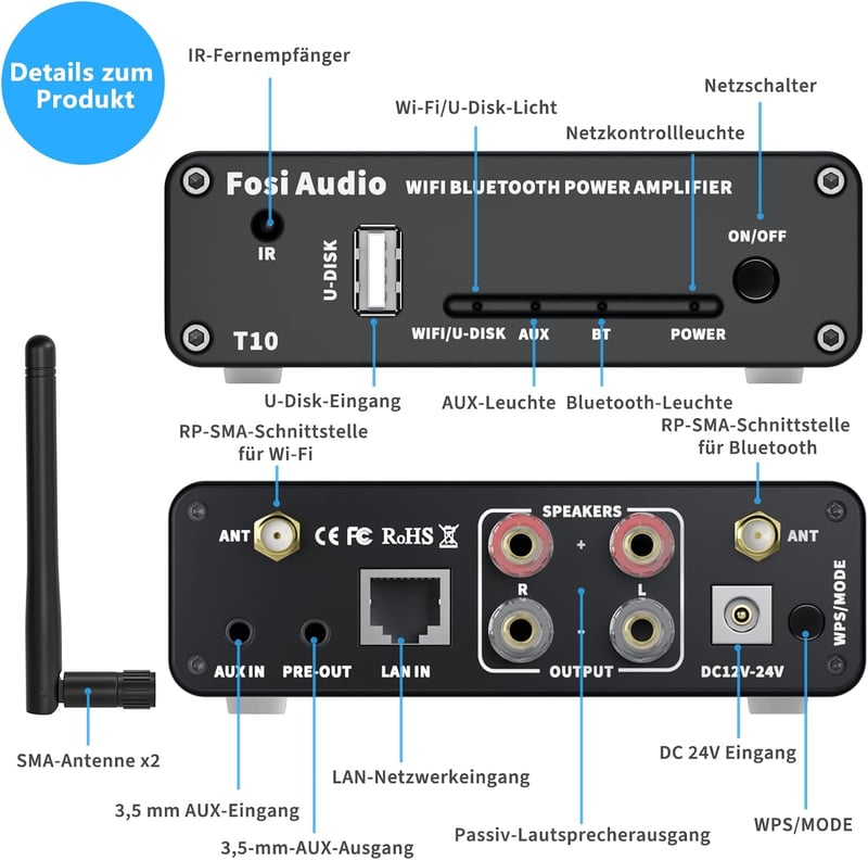Fosi Audio T10 200W WiFi Bluetooth HiFi erősítő, távirányítóval