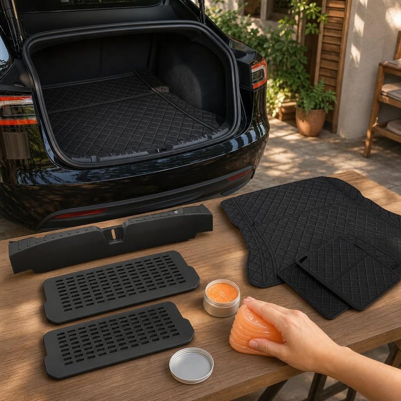 Pachet protecție Tesla Model 3: grilă ventilație + gel curățare 160g + bandă praguri + covoraș portbagaj