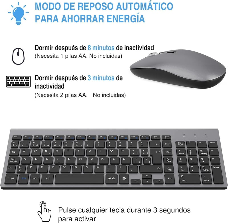 Cimetech vezeték nélküli spanyol billentyűzet és egér szett, ultravékony, csendes, PC/laptop kompatibilis - szürke