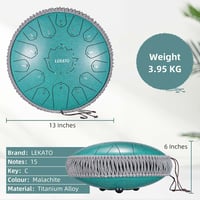 LEKATO Tongue Drum C-dúr 33 cm 15 Hangú Acél Handpan Dob - Meditációs Hangszer Kezdőknek, Malachit Zöld Ütőkkel és Dalkönyvvel 3