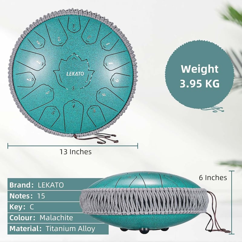 LEKATO Tongue Drum C-dúr 33 cm 15 Hangú Acél Handpan Dob - Meditációs Hangszer Kezdőknek, Malachit Zöld Ütőkkel és Dalkönyvvel