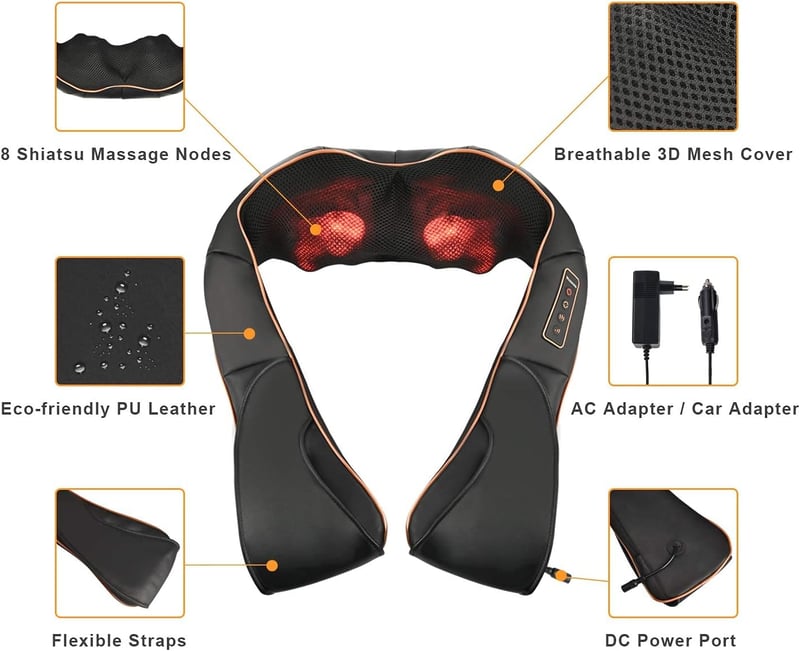TRIDUCNA Nyak- és Vállmasszírozó Párna - Shiatsu Masszázs Hőfunkcióval, 3D Forgó Fejekkel, 3 Sebességgel - Otthoni, Irodai és Autós Használa