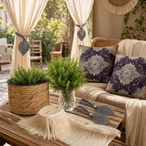 Set decor Boho: 2 huse pernă + 2 prinderi macrame + 10m franjuri + coș + 12 buchete eucalipt + vază