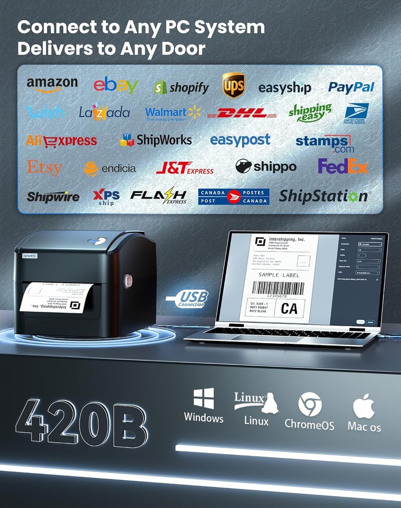 vretti USB Címkenyomtató XXL Papírtálcával - DHL Szállítási Címkékhez, Windows/Mac/ChromeOS/Linux Kompatibilis, 99,99% Vonalkód Olvasási Ará - black, USB