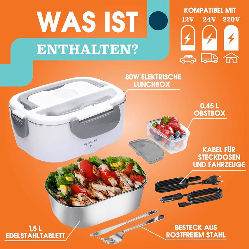 TRAVELISIMO 3in1 Elektromos Ételmelegítő Doboz 1,5L - Autóba, Kamionba, Otthonra (12V/24V/220V)