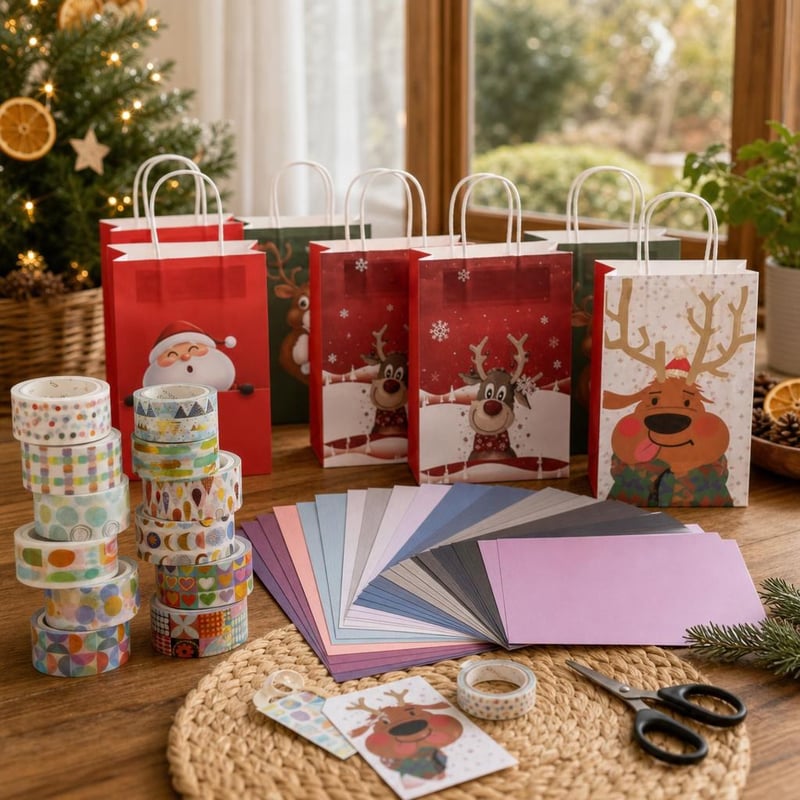 Set Cadou Crăciun: 12 role bandă washi + 8 pungi kraft + carton decorativ cu motive de iarnă