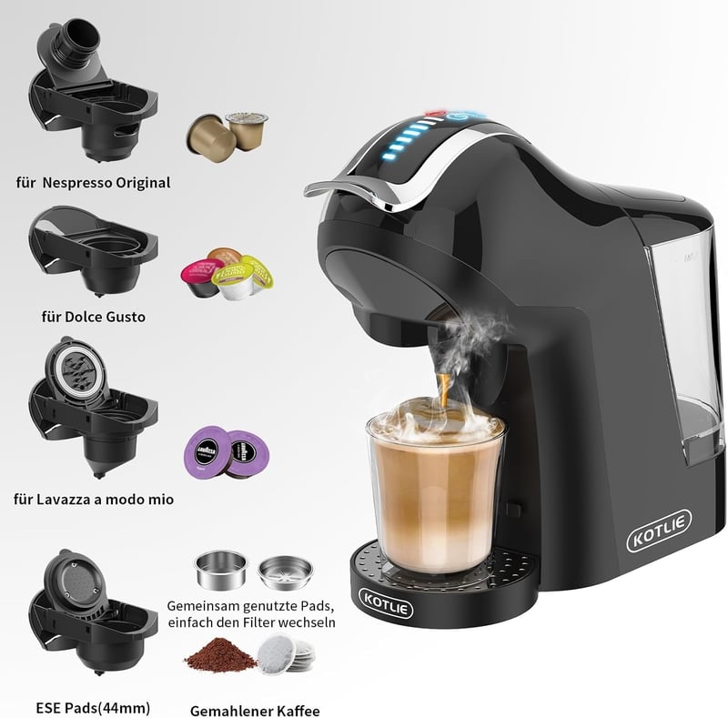 KOTLIE 5 az 1-ben Kávéfőző - Nespresso, Dolce Gusto, Őrölt Kávé és ESE Kapszula Kompatibilis, Hideg-Meleg Főzés, 19 Bar, Érintésvezérléssel