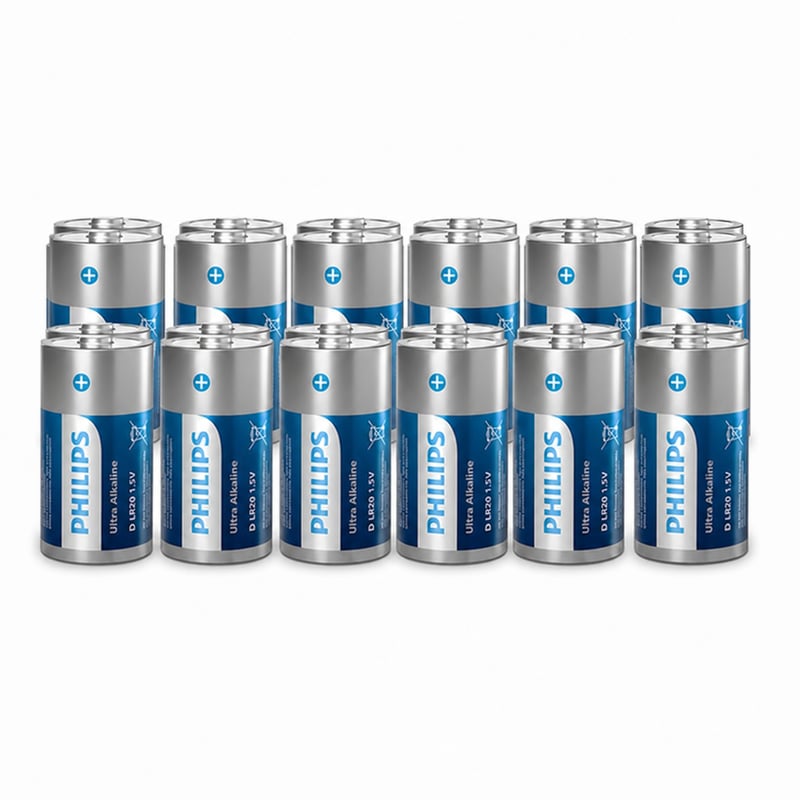Baterii Philips Ultra Alkaline LR20, mărimea D, 1,5V – Baterii alcaline de înaltă capacitate pentru lanterne și dispozitive cu consum ridicat, 16 bucăți