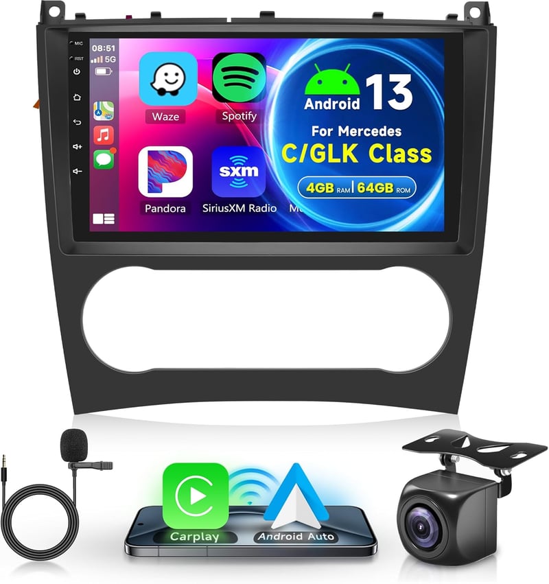 Rimoody 9" Android 13 Autórádió Mercedes Benz C/GLK osztályhoz (W203 W209 C180 C200) - 4G+64GB, WiFi, Bluetooth, GPS Navigáció, 2004-2011 mo
