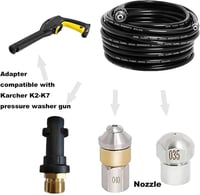 Kärcher K2-K7 kompatibilis 20m csőtisztító tömlő, 180 bar, 60°C, adapterrel és fúvókákkal 5