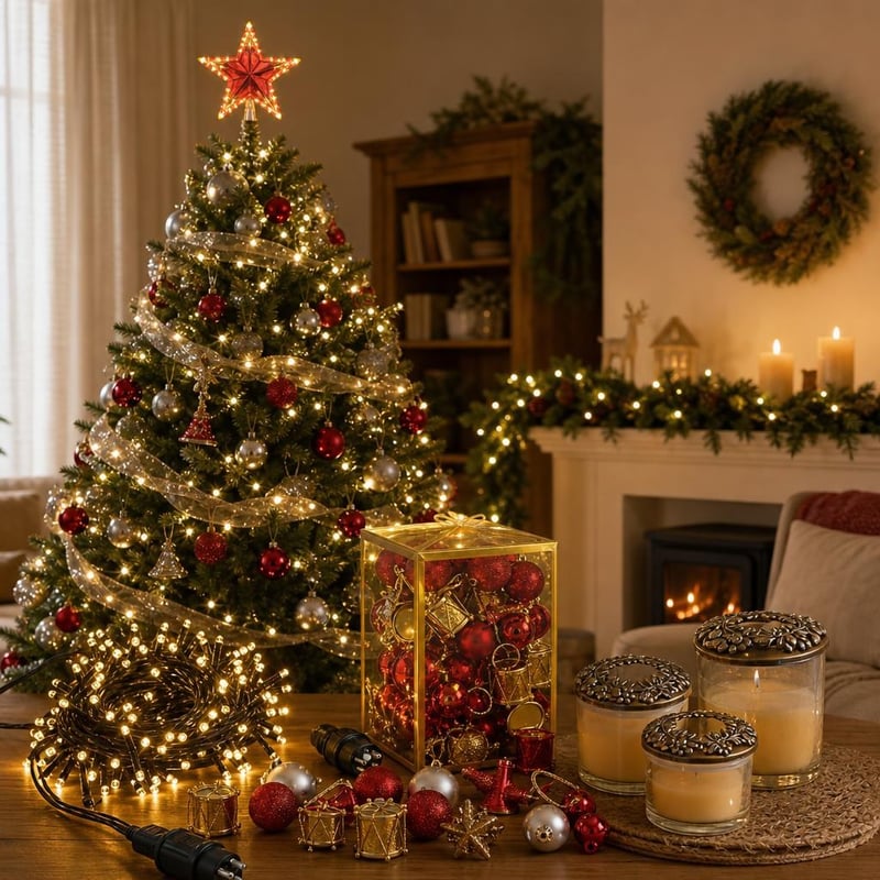 Srebrni božićni set: 32x mini kuglice + 10m LED lampice + LED zvijezda za vrh + metalni poklopac svijeće