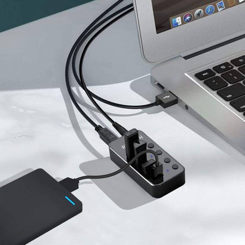 RSHTECH USB 3.0 Hub 4 portos, kapcsolókkal és tápegységgel