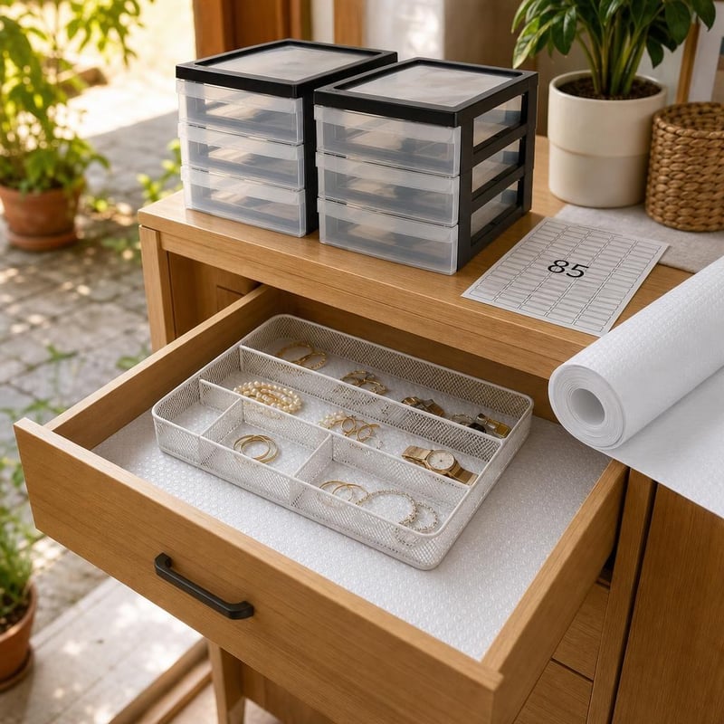 Set Organizare Sertare: 2125 etichete + covoraș 50×500 cm + organizator metalic + 2 seturi 4 sertare