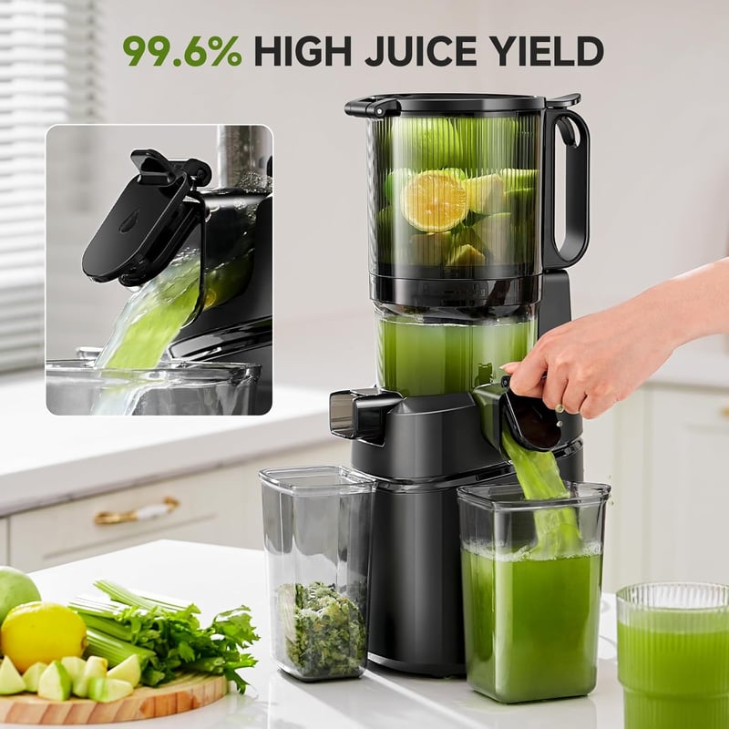 AMZCHEF 250W Automata Gyümölcsprés 1,8L Kapacitással - Széles 145mm Adagolónyílás, Hármas Szűrőrendszer, Hidegpréselés, Csendes Motor - Feke