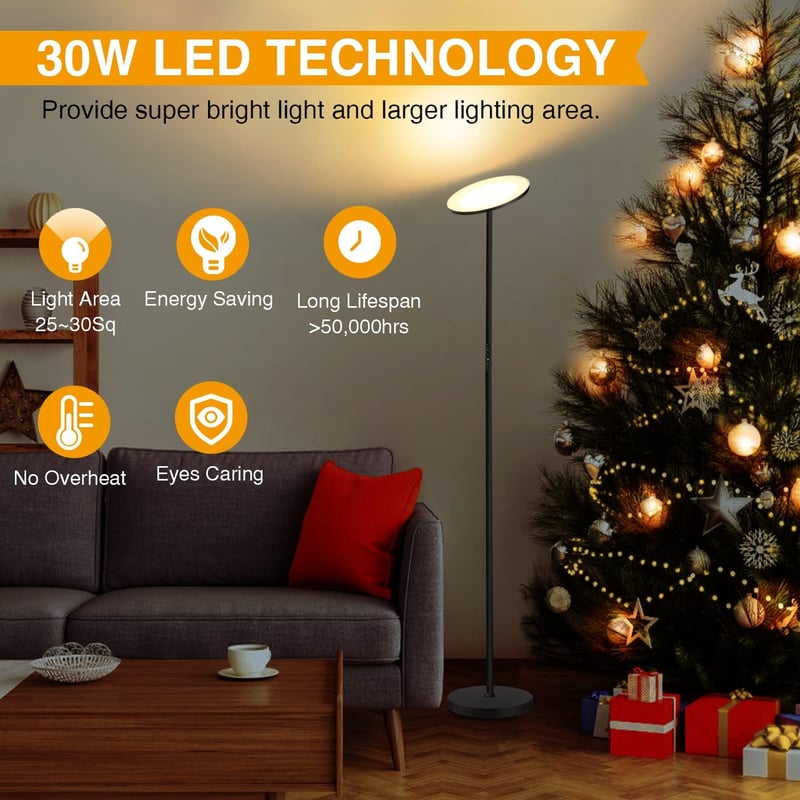 OUTON LED Állólámpa 30W - Folyamatosan Szabályozható Fényerő, 3 Színhőmérséklet, Távirányító, Érintésvezérlés, USB Töltőport, Modern Dizájn