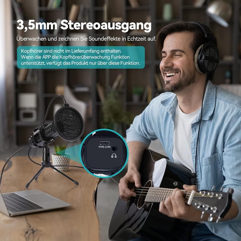 AGPTEK USB Kondenzátor Mikrofon Állvánnyal és Popszűrővel - Streaming, Podcast, Gaming