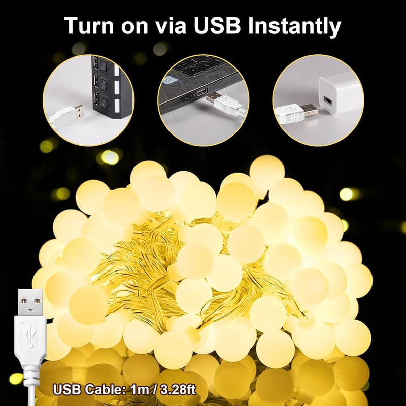 Bigzom USB Gömb Fényfüzér 7m 40 LED Meleg Fehér IP65 Vízálló Beltéri Dekoráció Hálószobába Nappaliba Esküvőre Karácsonyra - 7M-Lichterkette USB