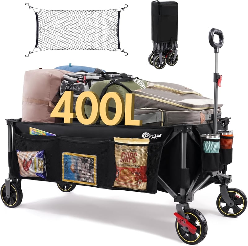Portal Összecsukható XXXL Kézikocsi - 400L, 160kg Teherbírás, Italtartóval és Oldaltáskával - Kerti, Kempingezési, Strandolási Szállítóeszkö