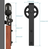 Fekete tolóajtó vasalat szett 214cm-es sínnel, J-alakú görgőkkel, 107cm széles fa ajtóhoz 5