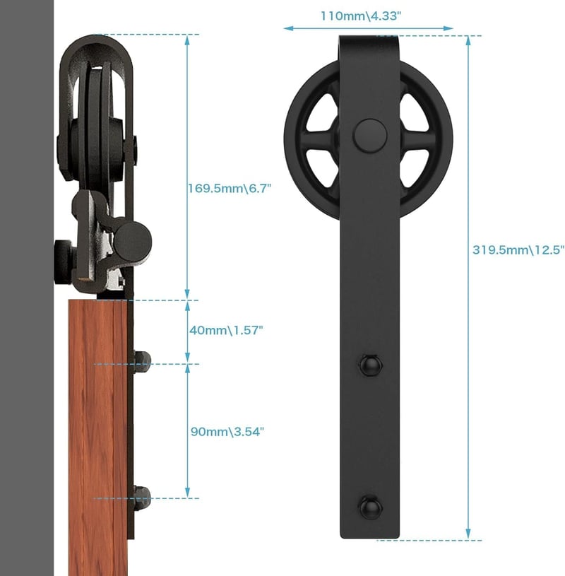 Fekete tolóajtó vasalat szett 214cm-es sínnel, J-alakú görgőkkel, 107cm széles fa ajtóhoz