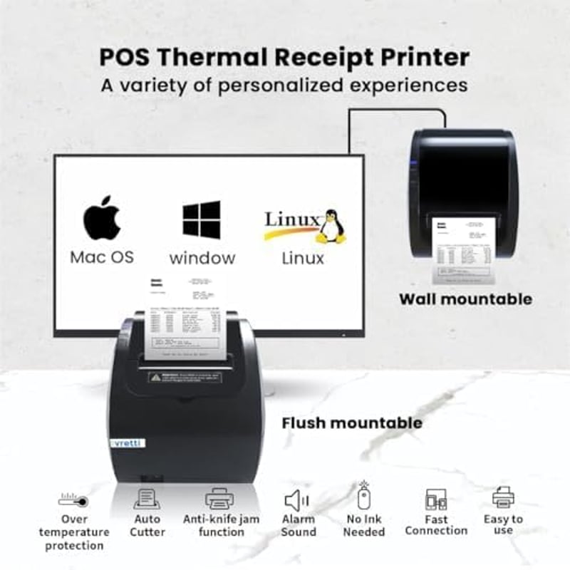 vretti 80mm Hőpapíros Blokknyomtató - USB/LAN Csatlakozás, 260mm/s Nyomtatási Sebesség, ESC/POS Támogatás, POS Rendszerekhez, Üzletekhez, Ét