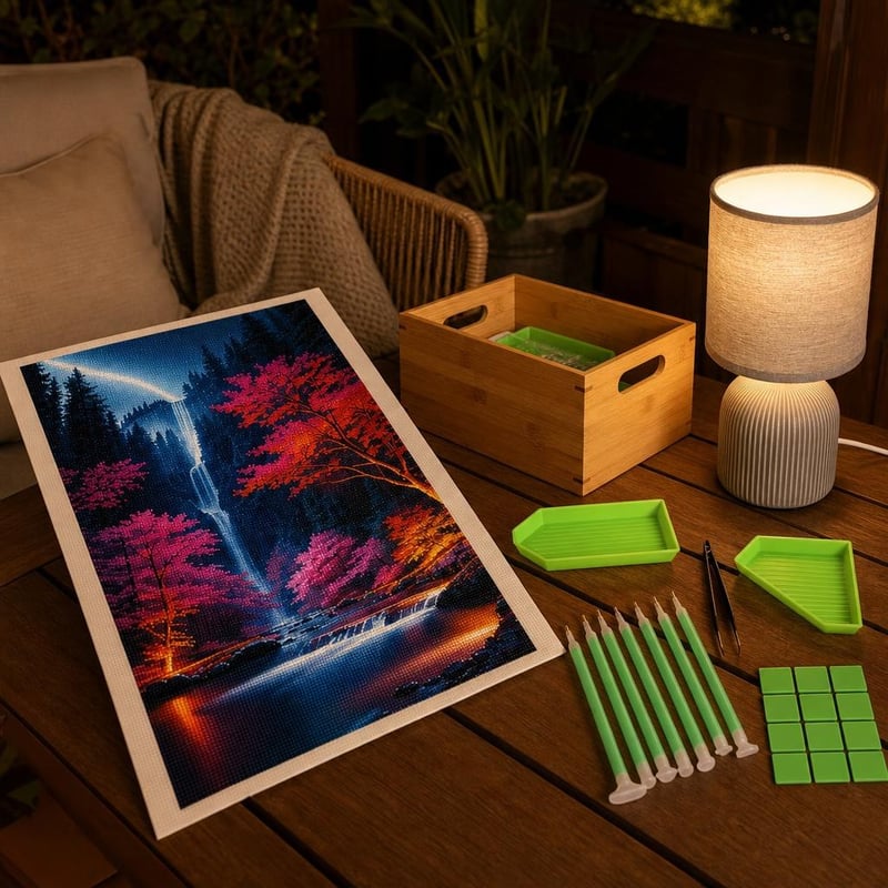 Set za diamond painting Vodopad: 40×70 cm slika + 21 dodatak + bambus kutija + stolna lampa