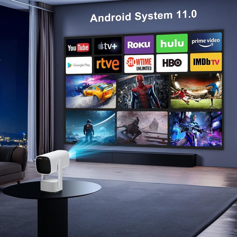 Eroshoo R1 Hordozható Mini Projektor - 10000 Lumen, 1080P, 4K Támogatás, Android TV 11.0, WiFi 6, Bluetooth 5.2, Beépített Akkumulátor, 270°