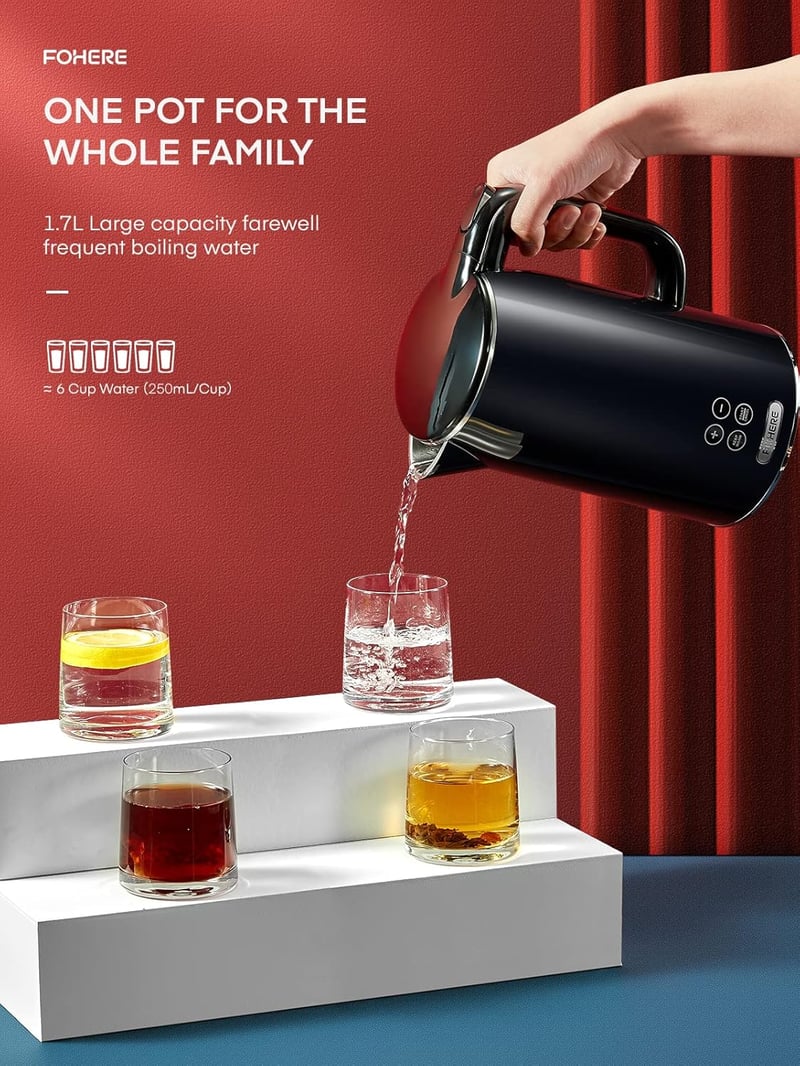 FOHERE Dupla falú vízforraló hőmérséklet-szabályozással, LCD kijelzővel, 1.7L, fekete