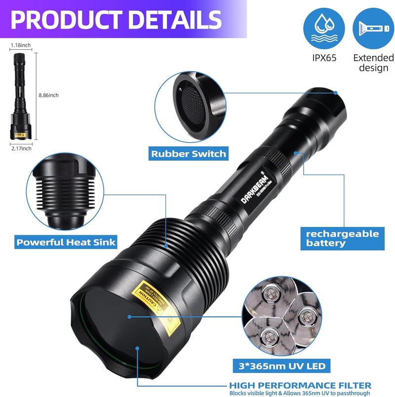 DarkBeam 365nm UV lámpa 36W - Erős fekete fény állatvizeletre, szivárgásra, ásványokra