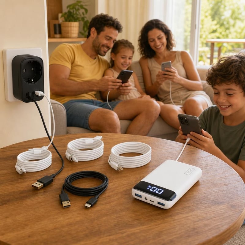 Töltőmentő család: 2 db Lightning kábel + USB-C/USB-A töltő + 2 db Micro USB kábel + 20000 mAh power bank