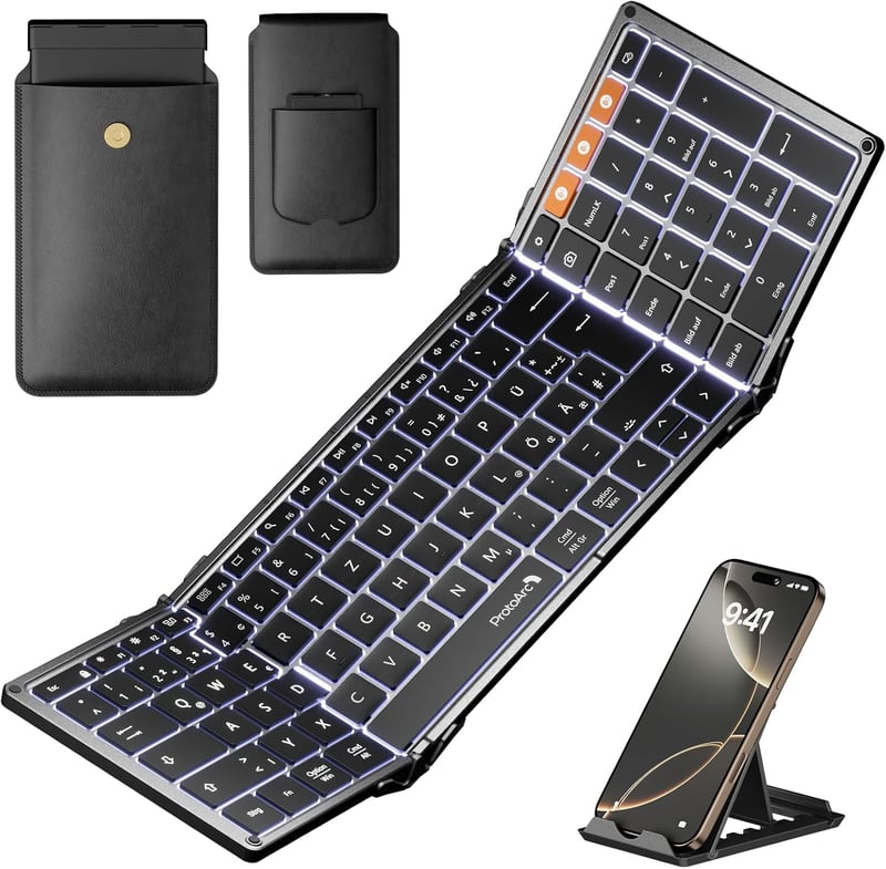 ProtoArc XK01 Plus Bluetooth QWERTZ Összecsukható Billentyűzet Numerikus Résszel - 3 Csatornás Kapcsolat iPad iOS Android Windows Eszközökhö