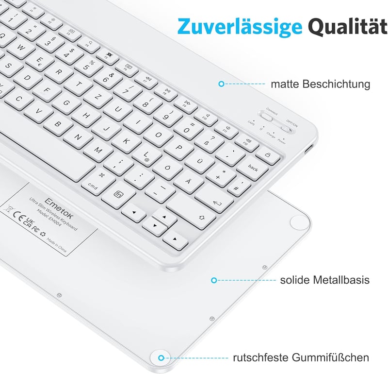 Emetok QWERTZ Bluetooth Billentyűzet iPad/iPhone Készülékekhez - Ultravékony, Újratölthető, Vezeték Nélküli Mini Billentyűzet, Fehér