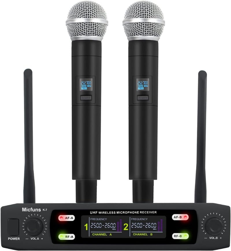 Micfuns K7 Profi vezeték nélküli karaoke mikrofon szett, 2 kézi VHF, 100m hatótáv