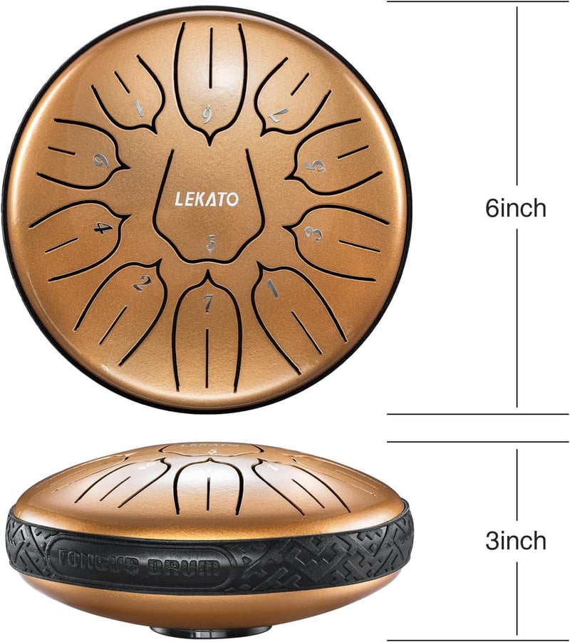 LEKATO 6" Acél Tongue Drum – 11 Hang, D Hangnem, Arany Gyöngyház, Tárolótáskával, Relaxációhoz és Hangterápiához