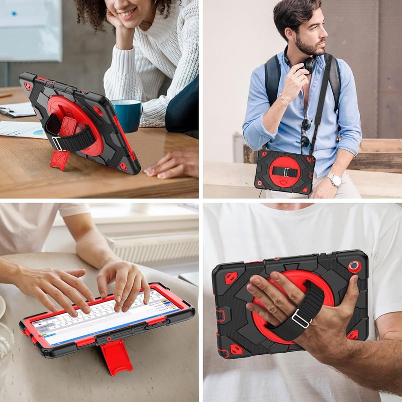 Samsung Galaxy Tab A9 Plus 11" 360°-os forgatható tok, ütésálló védelem, állvánnyal, fekete/piros