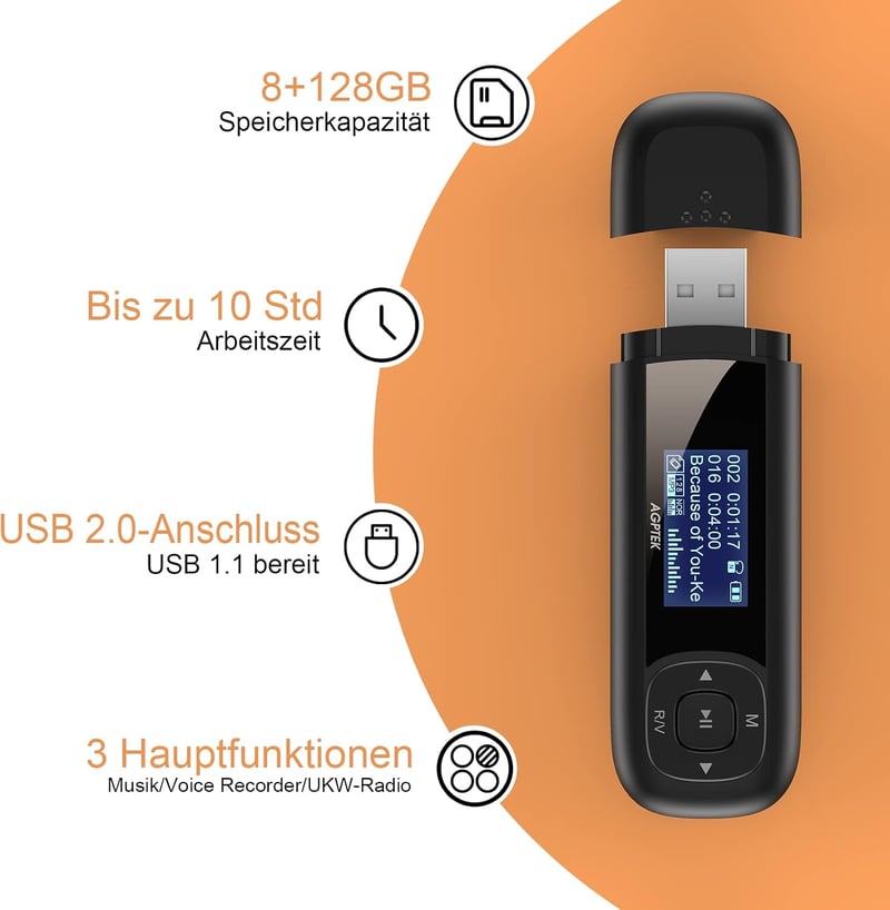 AGPTEK 8GB Mini MP3 Lejátszó FM Rádióval és Hangrögzítővel, Fekete-Piros