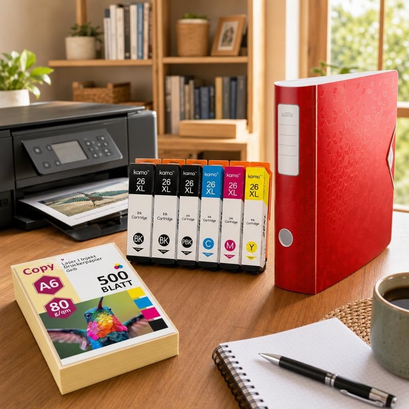 Home Office set za ispis: 5x XL tinti + 500 listova A6 papira + A4 registrator