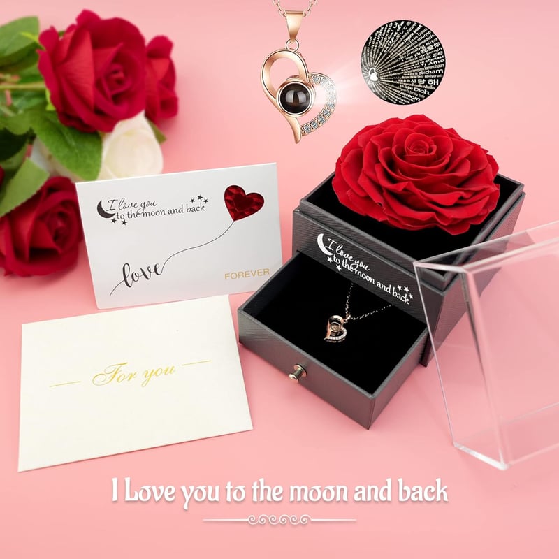 Örök Rózsa Ajándékszett - Valódi Rózsaszirom Holdformában "I Love You" Nyaklánccal, Szerelmi Ajándék Nőknek