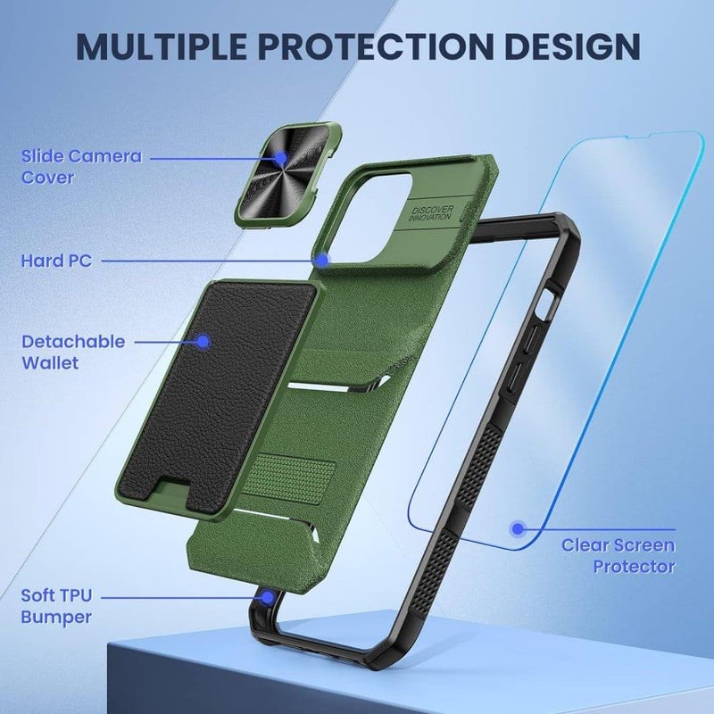 iPhone 14 Pro Védőtok Fóliával, Kártyatartóval - Katonai Zöld