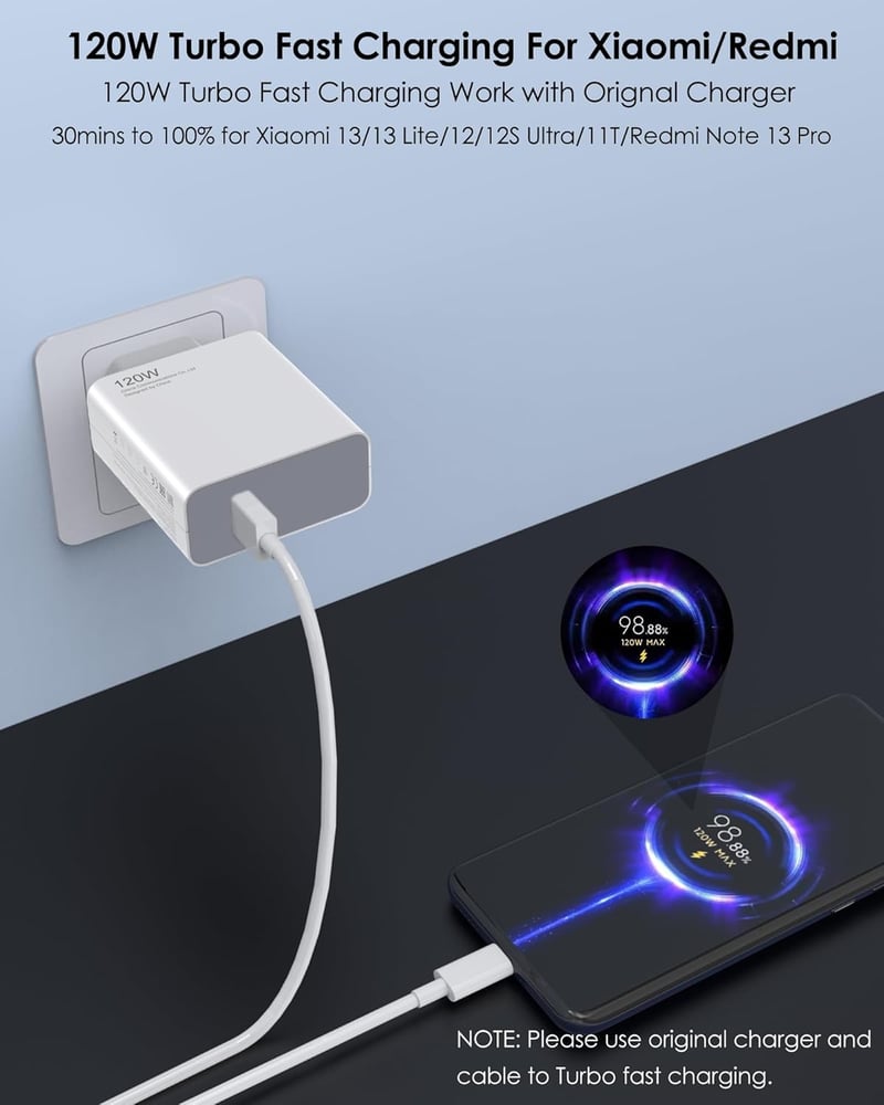 Ruilezyo 120W USB C Gyorstöltő Xiaomi 15/14/13/12 Sorozathoz - Redmi Note 14/13/12 Pro+ és Poco Készülékekhez - 90W/67W Turbo HyperCharge 1M