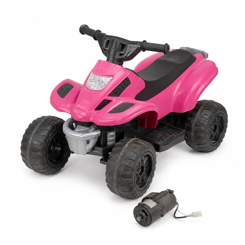 Elektrická detská štvorkolka Feber Quad Boxer 12V – chybná, čiastočne funkčná: chýbajúce komponenty, uvoľnený motor pohonu