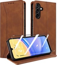 QHOHQ Samsung Galaxy A15 4G/5G Prémium Bőr Flip Tok RFID Védelemmel és Edzett Üveg Fóliával - Mágneses Összecsukható Védőtok Multifunkciós K 1