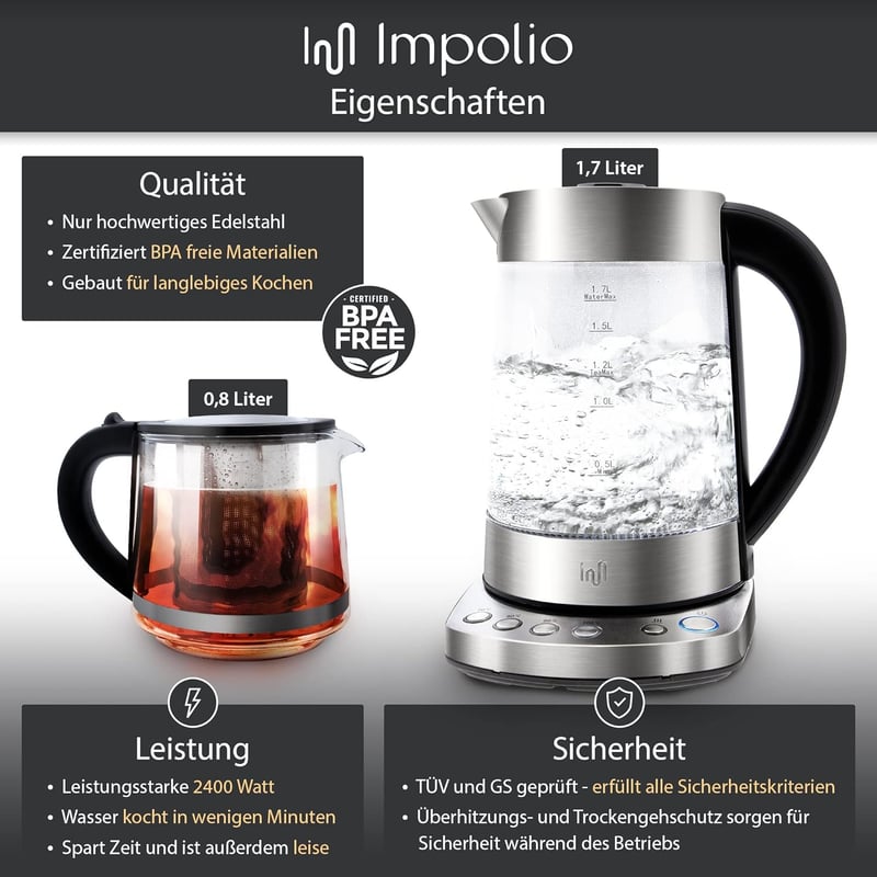 Impolio prémium LED üveg vízforraló hőfokszabályzóval és melegen tartó funkcióval