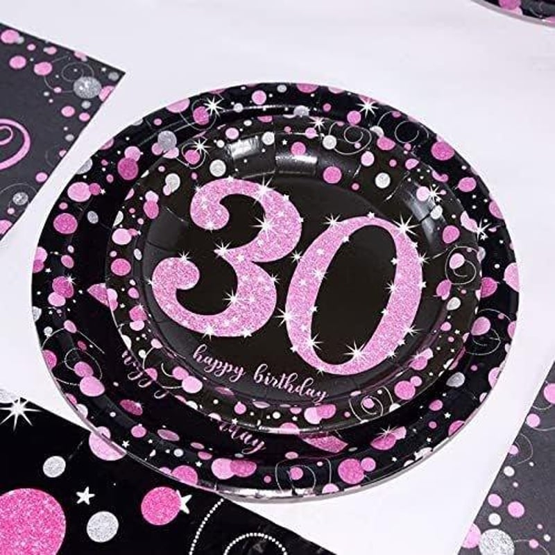 Fekete-rózsaszín 30. születésnapi partikellék szett 16 főre, 65 db-os