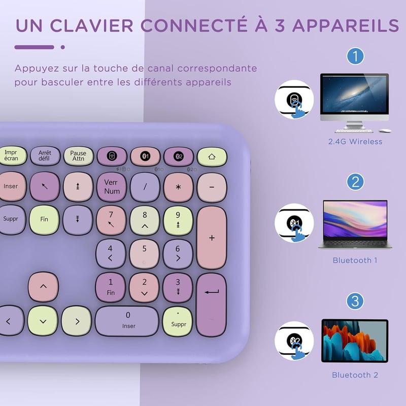 Seenda lila AZERTY Bluetooth billentyűzet - többeszközös, újratölthető, Windows/Mac/Android kompatibilis