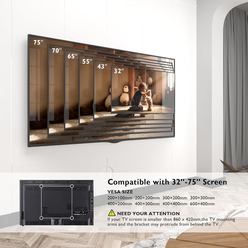 BONTEC TV Fali Tartó 32-75" LCD/LED/OLED Képernyőkhöz - 1040 mm Extra Hosszú Karral, 60 kg Teherbírással, Dönthető, Forgatható, VESA 600x400