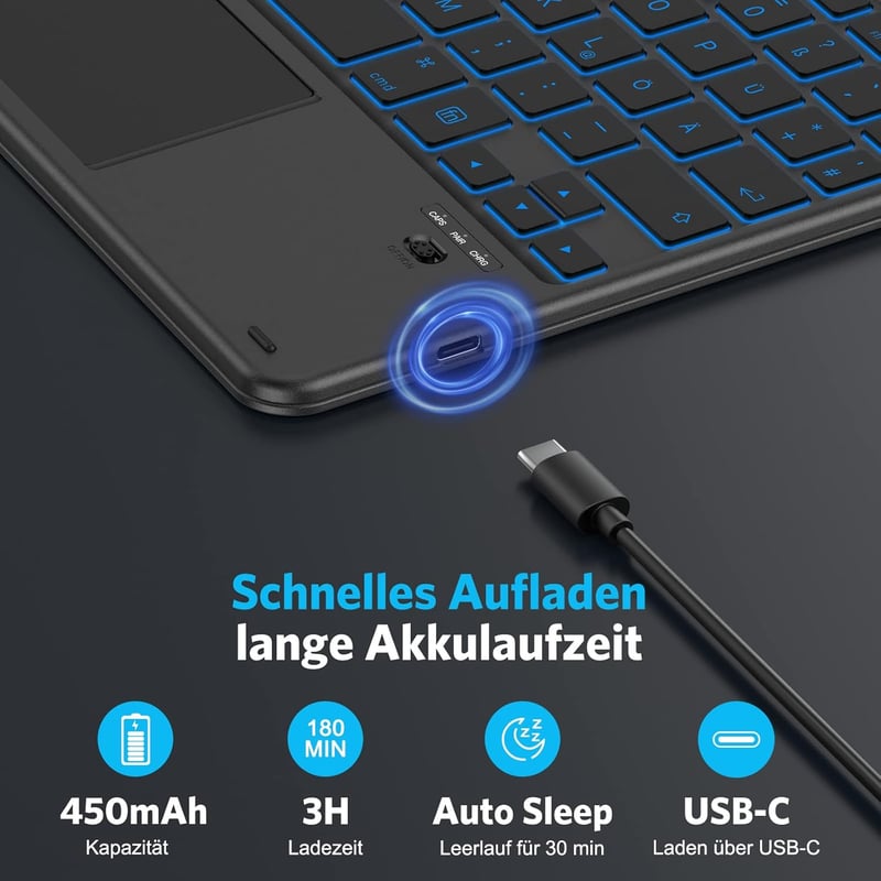 Emetok 7 színű háttérvilágítású német QWERTZ Bluetooth billentyűzet trackpaddal iPad-hez